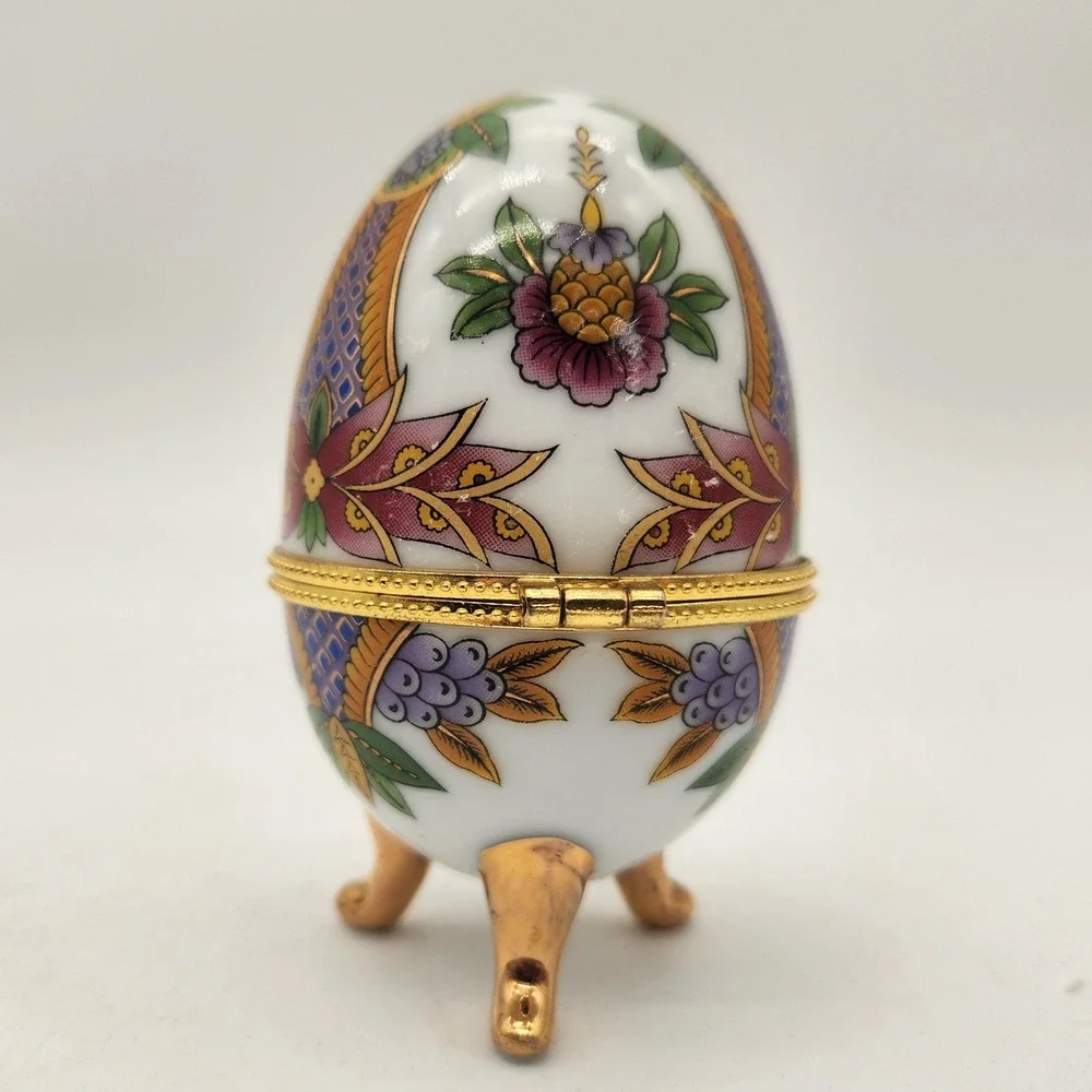Vintage Porcelain Egg Trinket Box Hinged Footed Floral Gold Trim Limoges Style